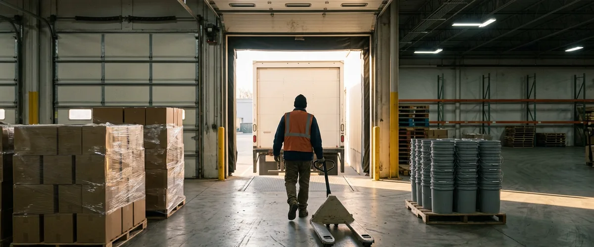 Warehouse worker pulling an empty pallet jack toward a box truck at a distribution loading dock with pallets of cartons and mop buckets