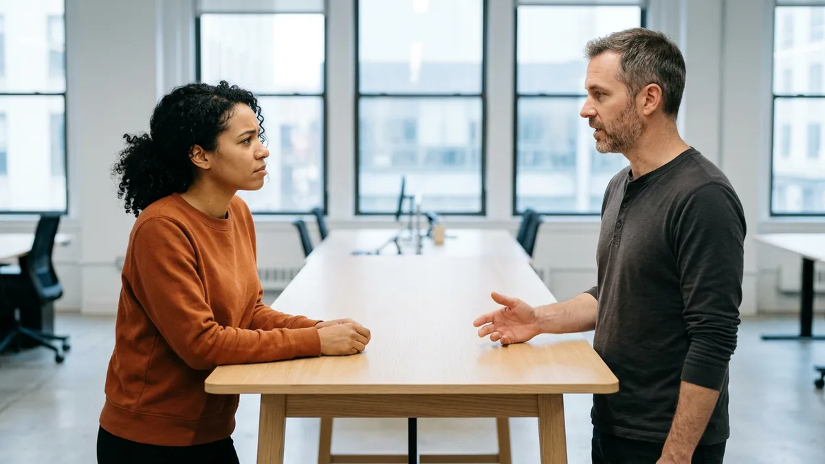 RevOps manager in an orange sweater listening to a NetSuite integration developer across a standing-height table in a bright office