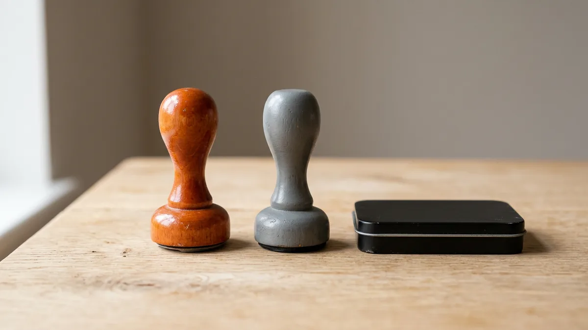 Two rubber stamps, one with an orange handle and one with a grey handle, standing beside a black ink pad on an oak desk