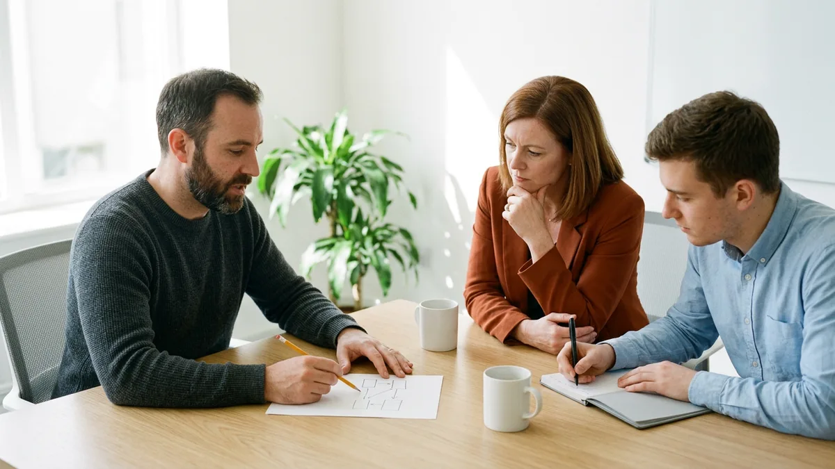 IAM engineer candidate in a charcoal sweater sketching a login flow in pencil while a security manager in an orange blazer and a note-taking colleague listen