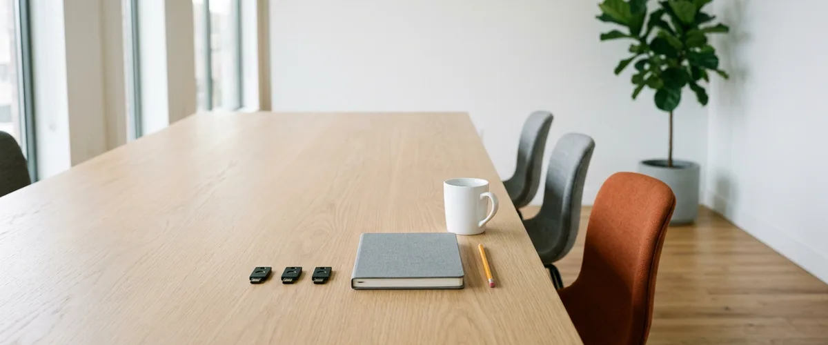 Three black hardware security keys beside a gray notebook, yellow pencil, and white mug on an oak conference table with one orange chair