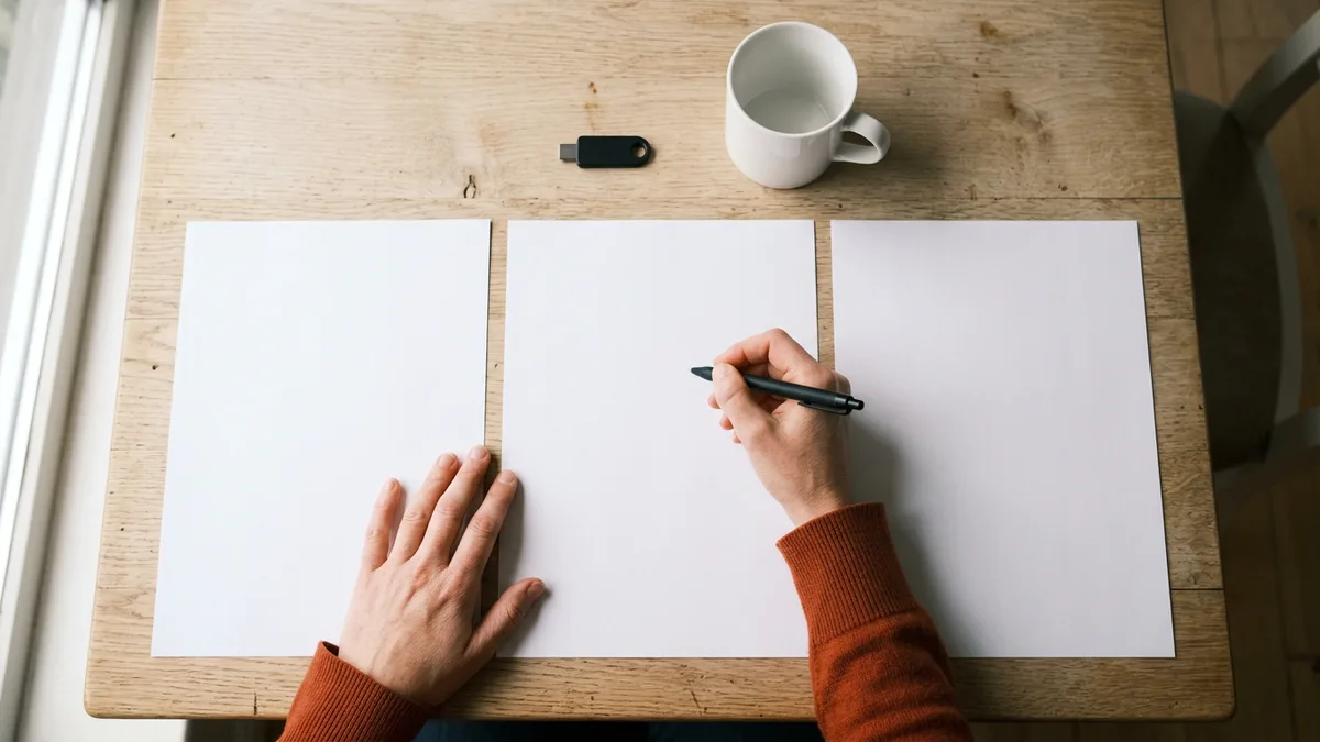 Overhead view of three blank sheets on an oak table with a candidate holding a pen, a hardware security key and a white mug at the top