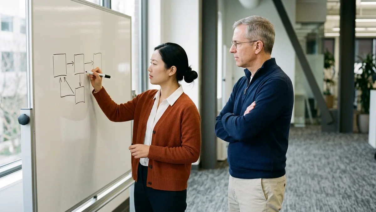 Identity engineer in an orange cardigan drawing connected boxes and arrows on a whiteboard while a gray-haired colleague in a navy quarter-zip watches