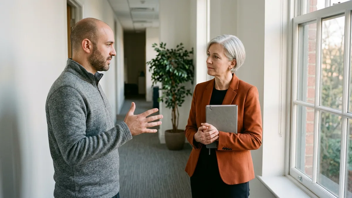 Senior IAM engineer in a gray quarter-zip making a point to a CISO in an orange blazer holding a notebook beside an office window