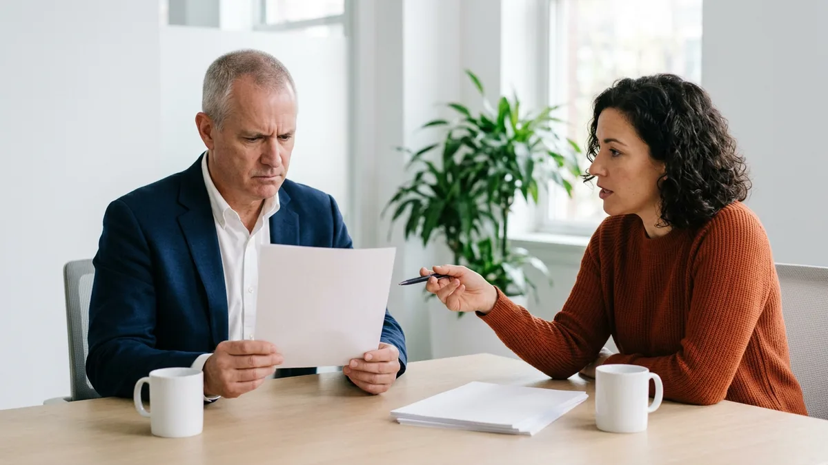Director of security in a navy blazer frowning at a draft IAM engineer job description while a recruiter in an orange sweater points out what it is missing