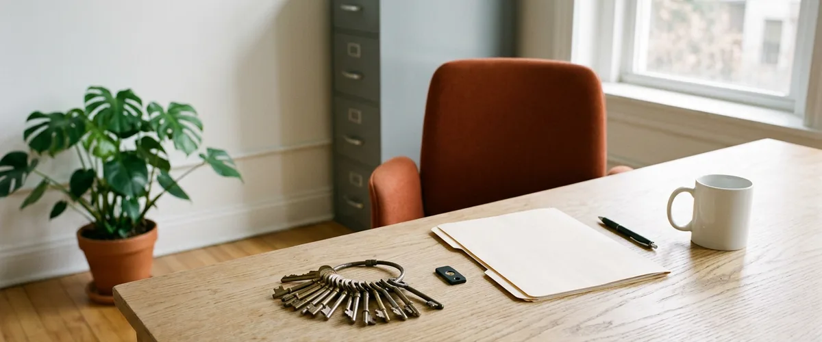 Ring of brass office keys beside a small black hardware security key, a manila folder, a pen, and a white mug on an oak desk with an orange chair