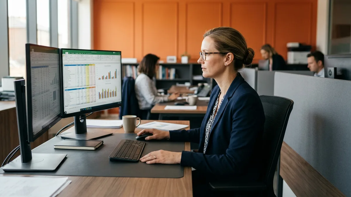 Financial controller at a dual monitor workstation reconciling customs entry data against spreadsheets in an office with an orange accent wall