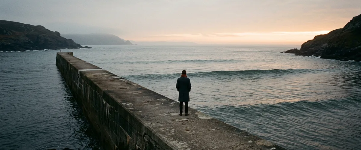 A lone figure in a dark coat on a concrete breakwater watching a slow ocean swell roll in at dawn, a metaphor for the IMF warning on AI and jobs