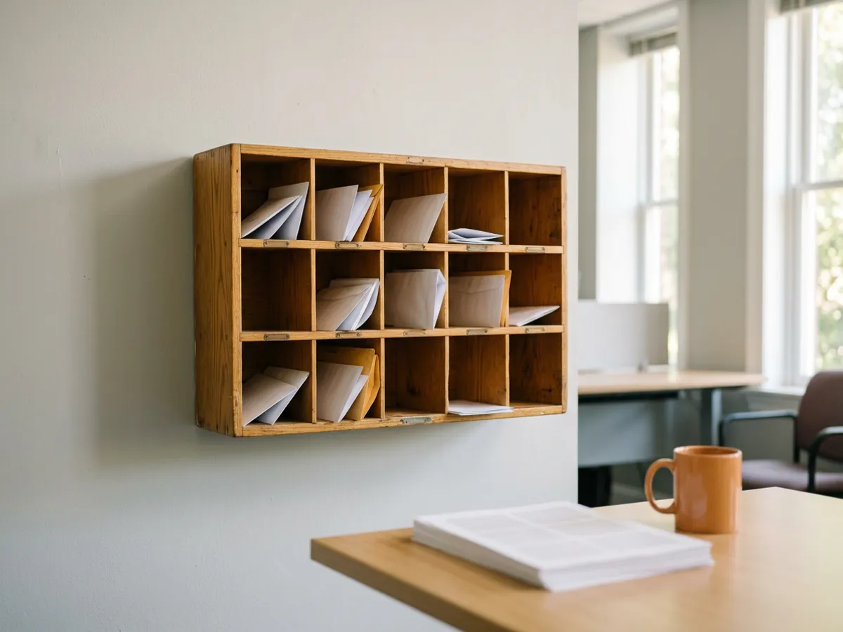 A wooden letter sorting case with rows of open pigeonholes holding envelopes and folded papers, on the wall behind an underwriting desk with printed pages and an orange mug