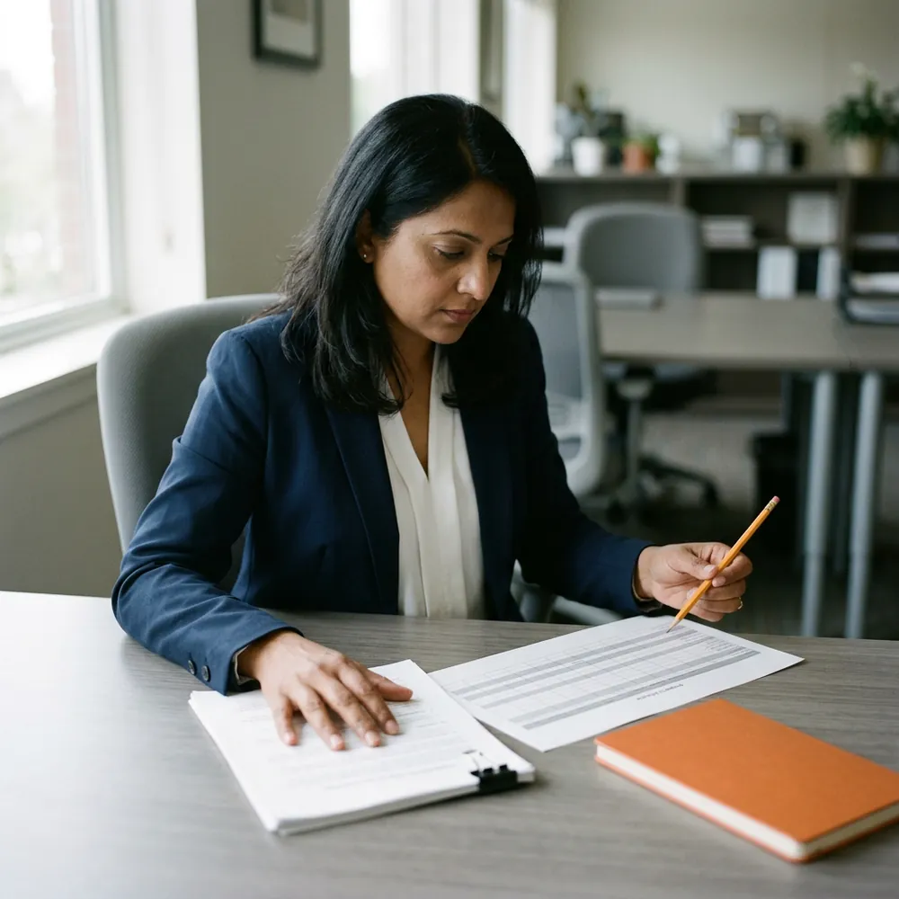 An underwriter at her desk comparing a printed property schedule with a stack of loss run pages, pencil in hand, in a quiet office