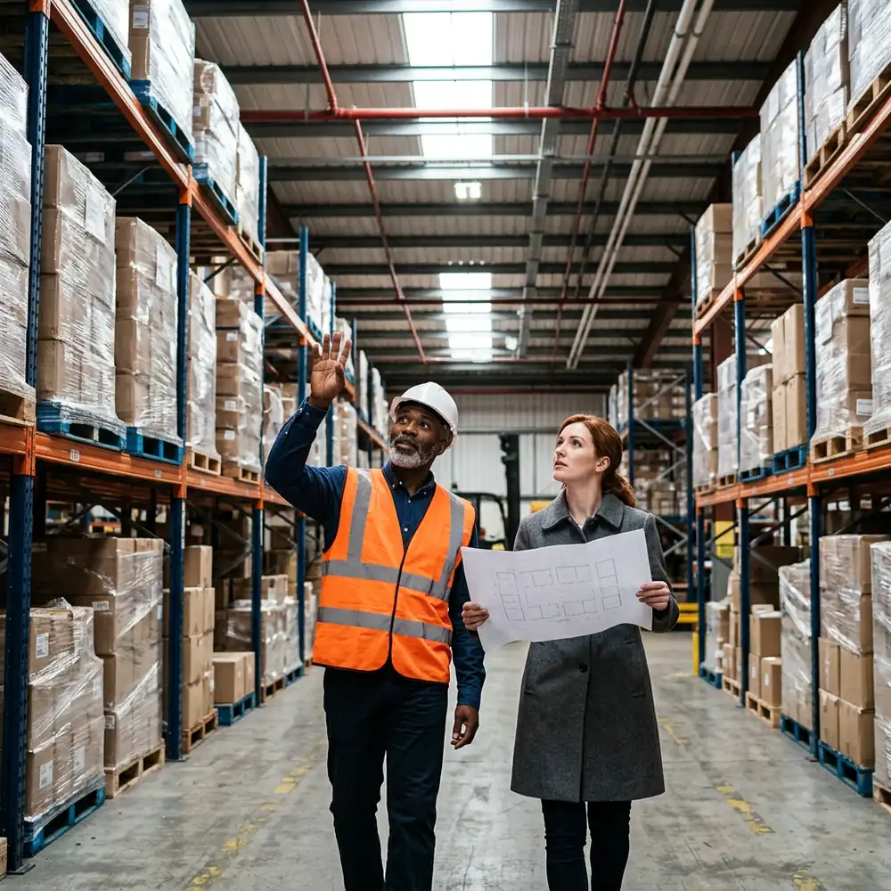 An underwriter and a risk engineer walking down a warehouse aisle between tall storage racks, one holding a printed floor plan