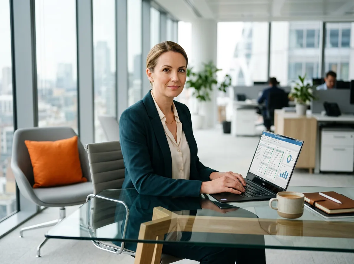 Interim controller reviewing a month-end close checklist on a laptop at a glass desk in a finance office