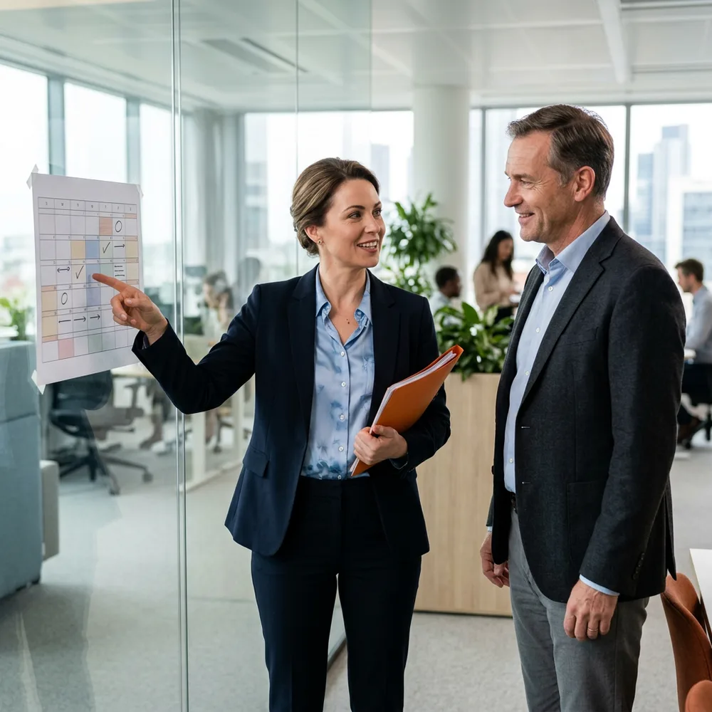 Interim controller pointing to a printed month-end close calendar on a glass wall beside a CFO