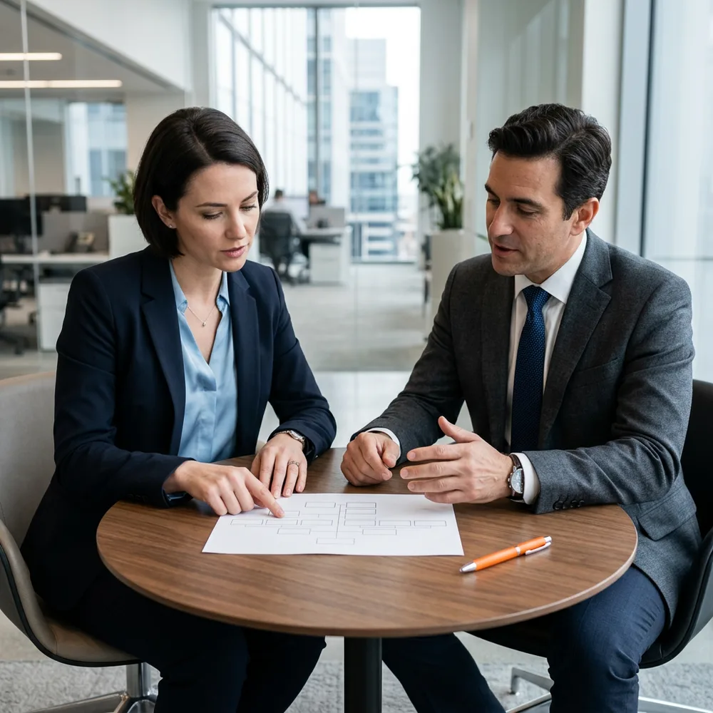 Interim controller and the company's VP of finance comparing a one page org chart at a small round table