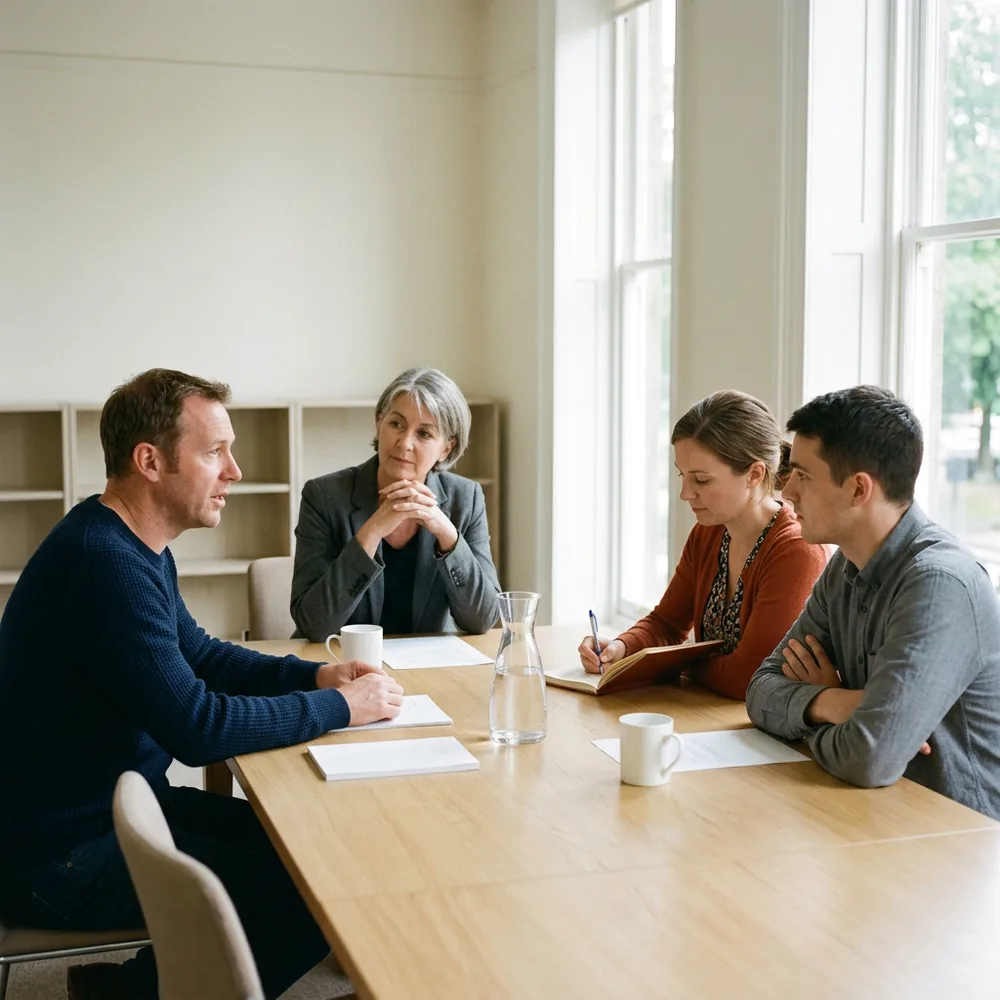An interim executive at the end of a meeting table listening as a department lead in a navy sweater talks, two colleagues beside her taking notes and listening