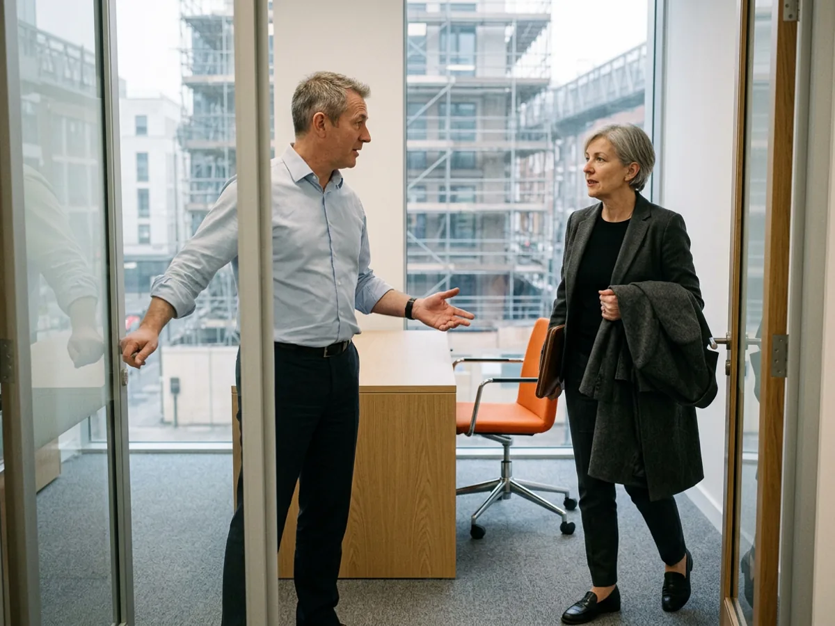 A chief executive holding open an office door for an experienced interim executive on her first morning, a coat over her arm, with a scaffolded building across the street behind them