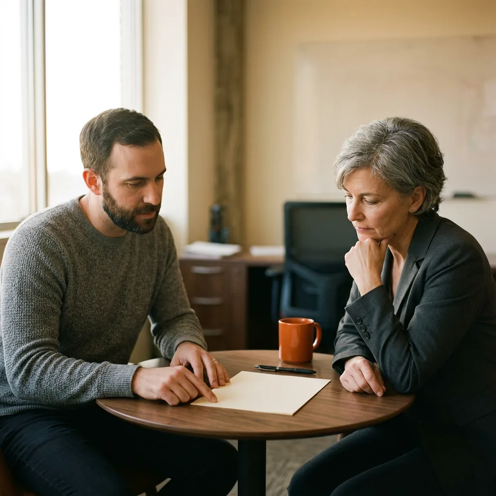 A company founder and an interim executive across a small round table reading a single page together, a pen and an orange mug beside it