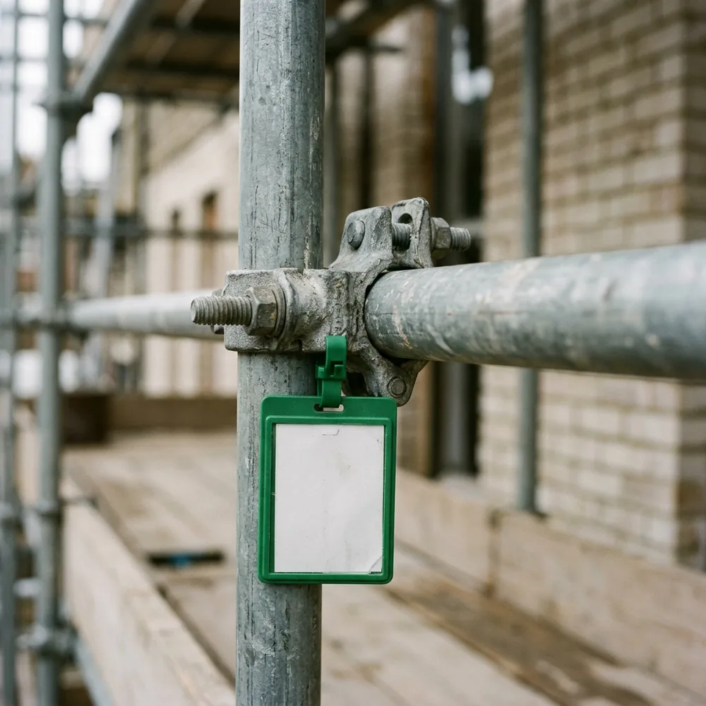 Close view of a galvanized steel scaffold coupler where a horizontal tube meets a vertical one, with a blank green tag hanging from it