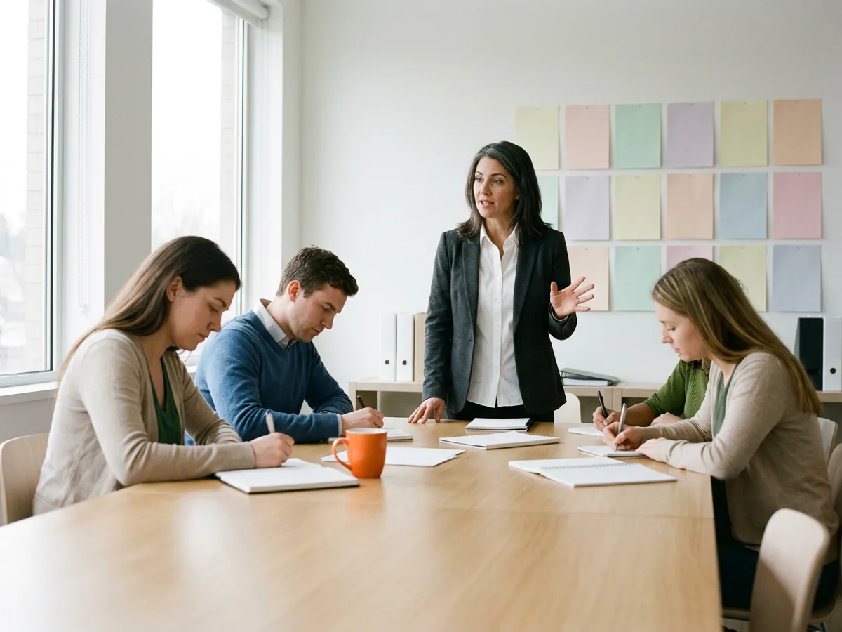 Marketing director in a charcoal blazer talks three team members through the week at a long oak table, a wall of blank pastel sheets pinned behind her like a campaign calendar