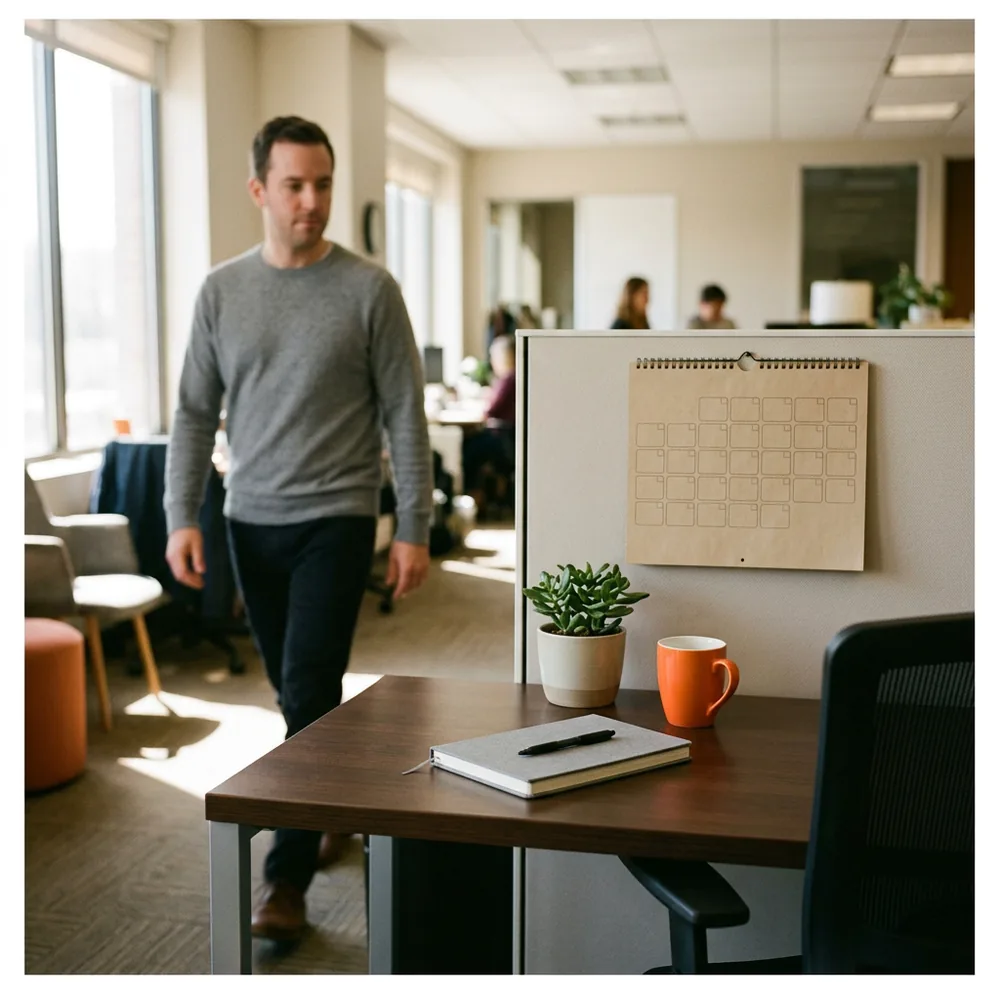Tidy desk with a closed notebook, a pen, a small plant and an orange mug beneath a blank wall calendar while a colleague walks past and glances at the empty chair