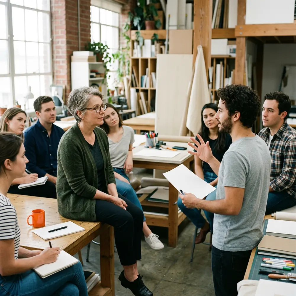 Marketing leader with short grey hair sits on the edge of a worktable and listens to a designer explain an idea to a half-circle of five colleagues in a bright studio