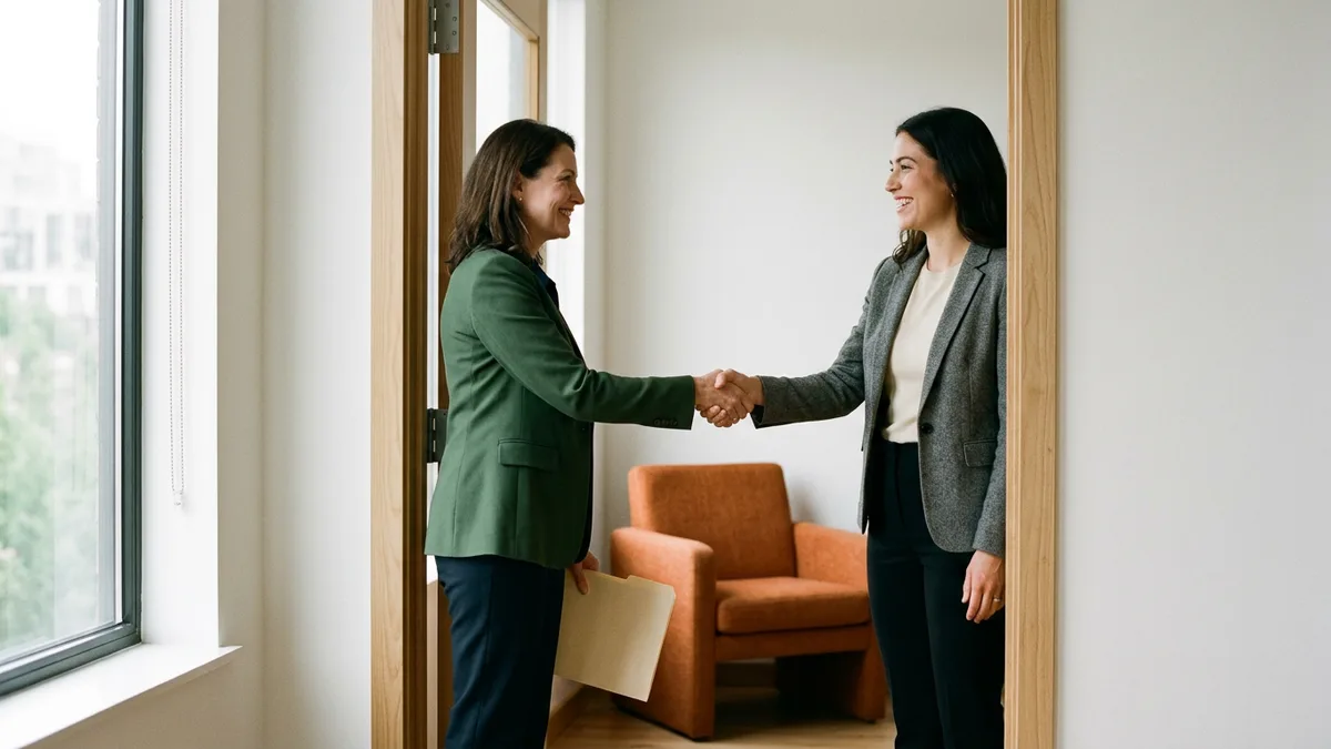 CEO in a green jacket shaking hands with a marketing executive in a gray blazer in a bright meeting room doorway with an orange armchair behind them