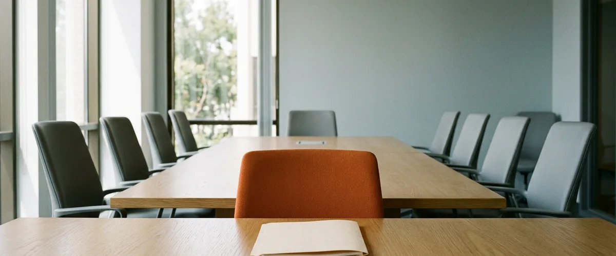 Empty orange chair at the head of a long wooden conference table with a single closed manila folder in front of it and gray chairs along both sides