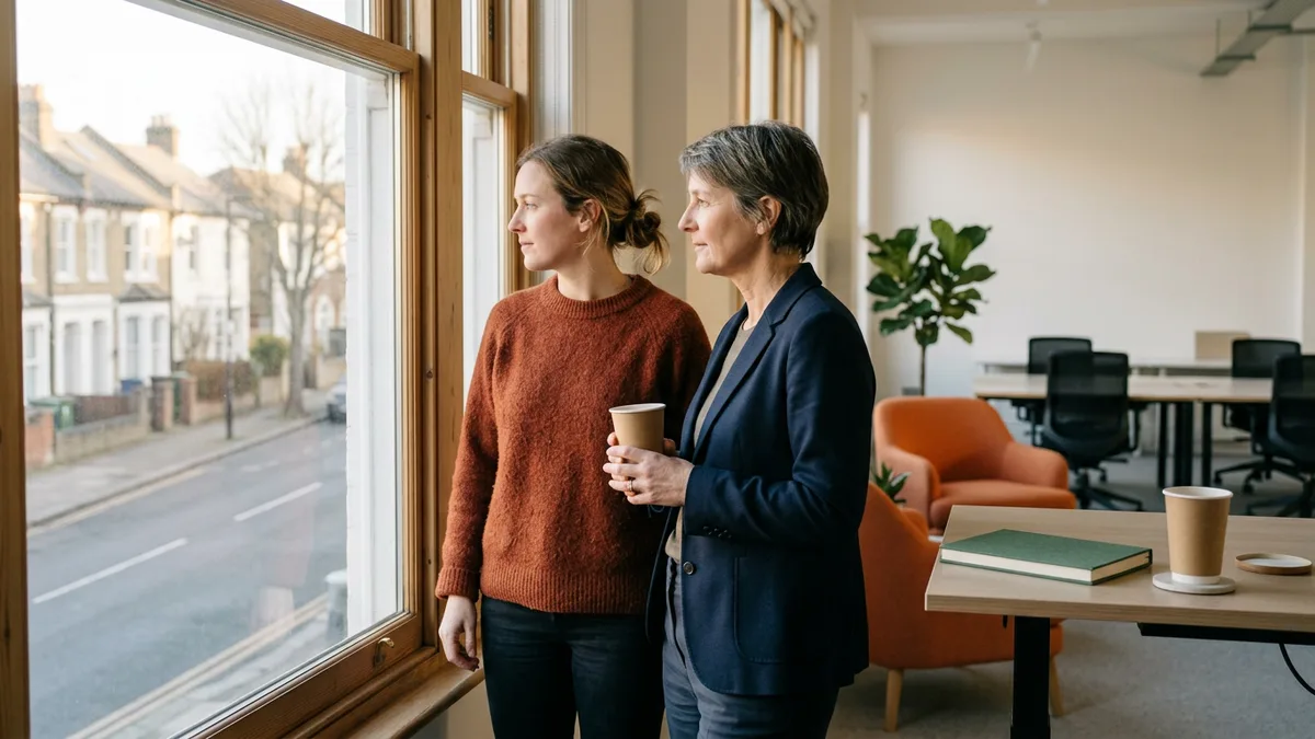 Founder in a rust sweater and an experienced marketing leader in a navy blazer holding paper coffee cups and looking out a tall office window together before the team arrives