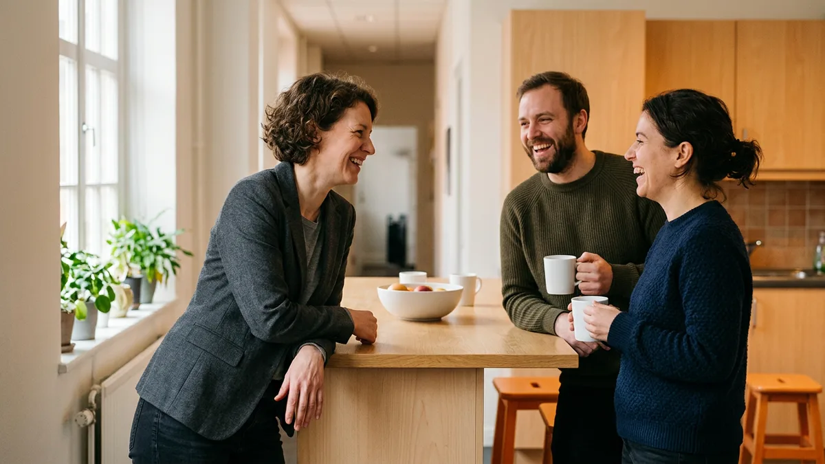 Interim marketing leader in a charcoal blazer laughing with two teammates around an office kitchenette counter with white mugs and a bowl of fruit