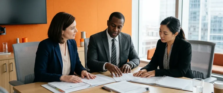 Three audit committee members reviewing printed internal audit plan documents at a conference table with an orange accent wall