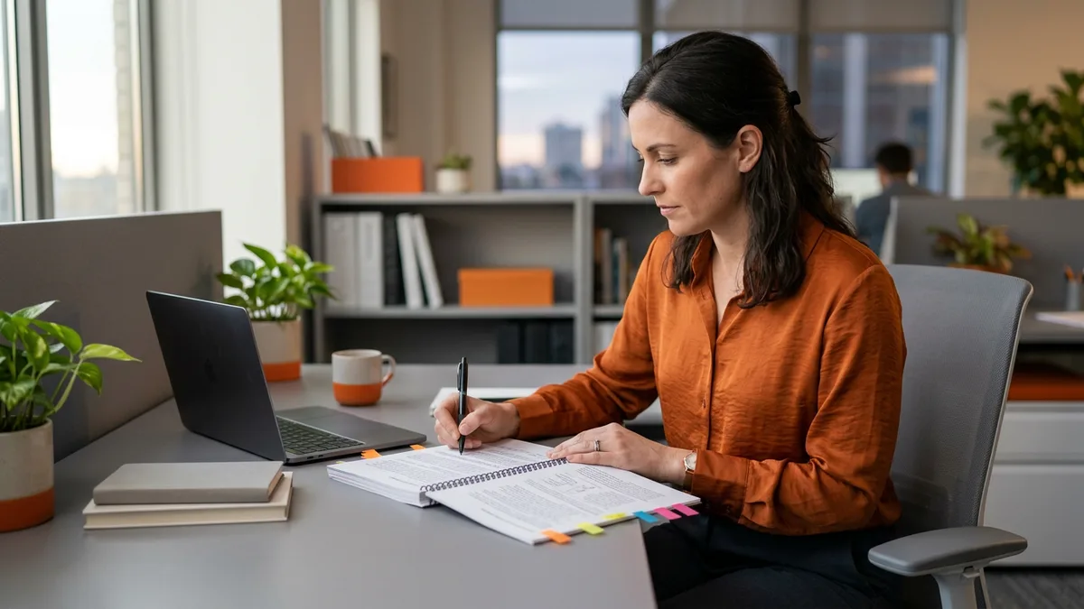 Chief audit executive in an orange blouse marking up a tabbed printed annual internal audit plan at her desk