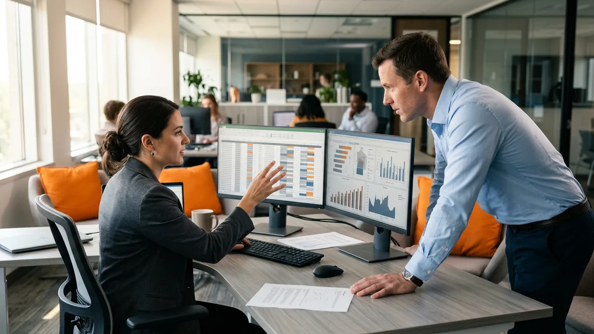 Contract IT auditor and in-house internal auditor reviewing control testing results together on dual monitors in an open office