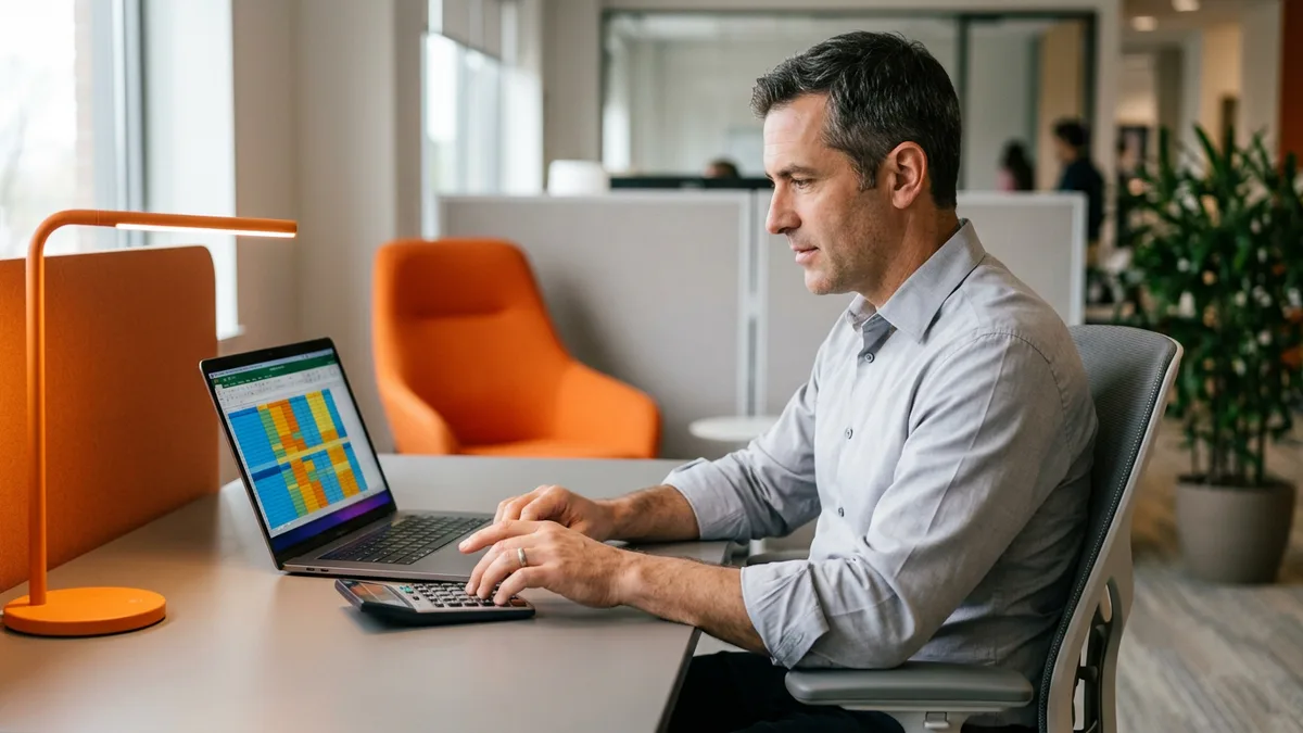 Finance manager using a calculator beside a laptop spreadsheet to work out the fully loaded cost of an internal audit hour