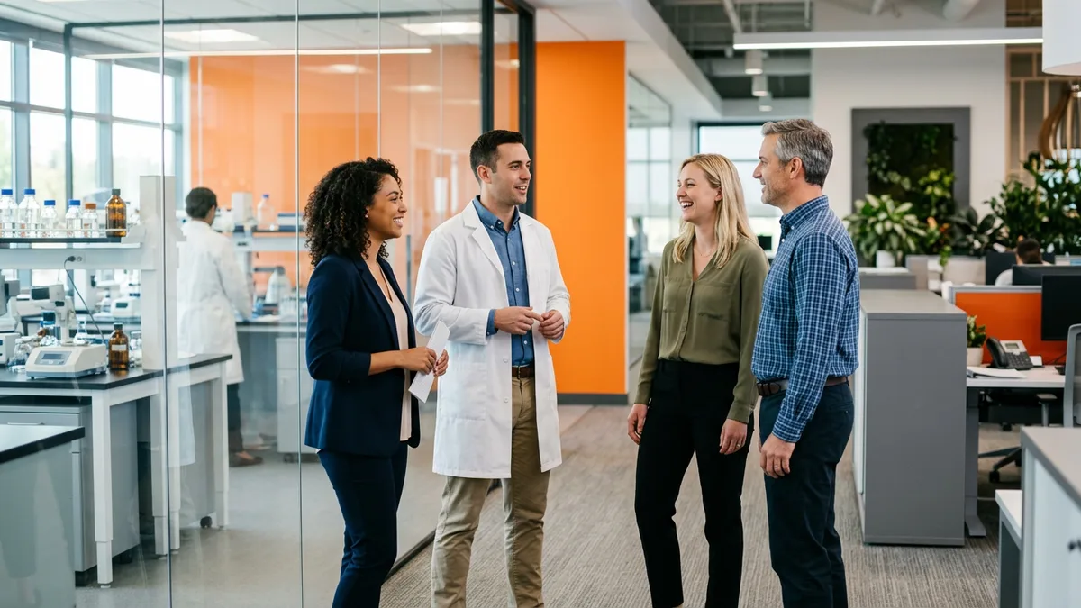 Four colleagues at a small science company talking in an open office beside a glass-walled laboratory