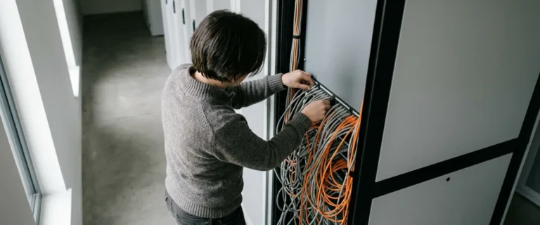 Network security engineer seen from behind working on orange and gray patch cables in a network equipment rack