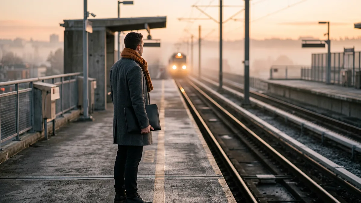 Commuter with a portfolio case waiting on a train platform at dawn, the hidden cost of more office days in a job offer