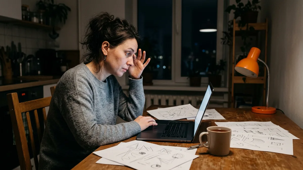 Tired designer working late at a kitchen table on an unpaid take-home hiring test with sketches spread around a laptop