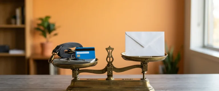 Brass balance scale weighing everyday work items against a single envelope, illustrating whether a salary offer is too low for what the job asks