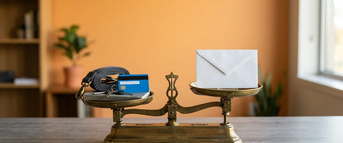 Brass balance scale weighing everyday work items against a single envelope, illustrating whether a salary offer is too low for what the job asks