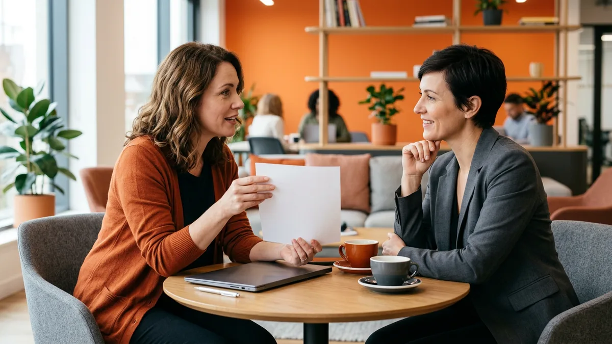 Recruiter and hiring manager talking through a salary offer at a table in a bright office lounge with an orange accent wall