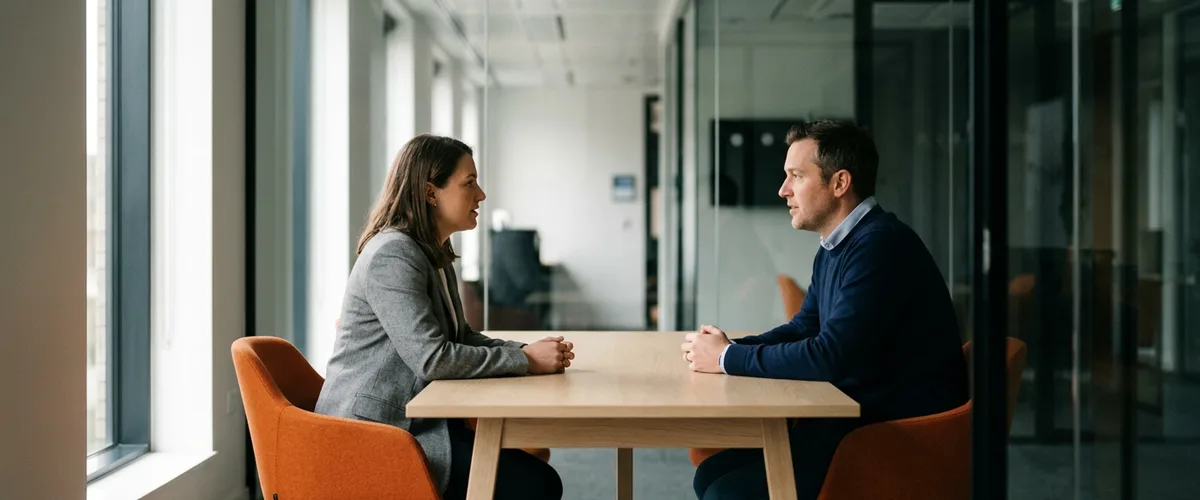 Contract IT consultant and hiring manager talking across an oak table in a glass-walled meeting room about 2026 IT consulting rates