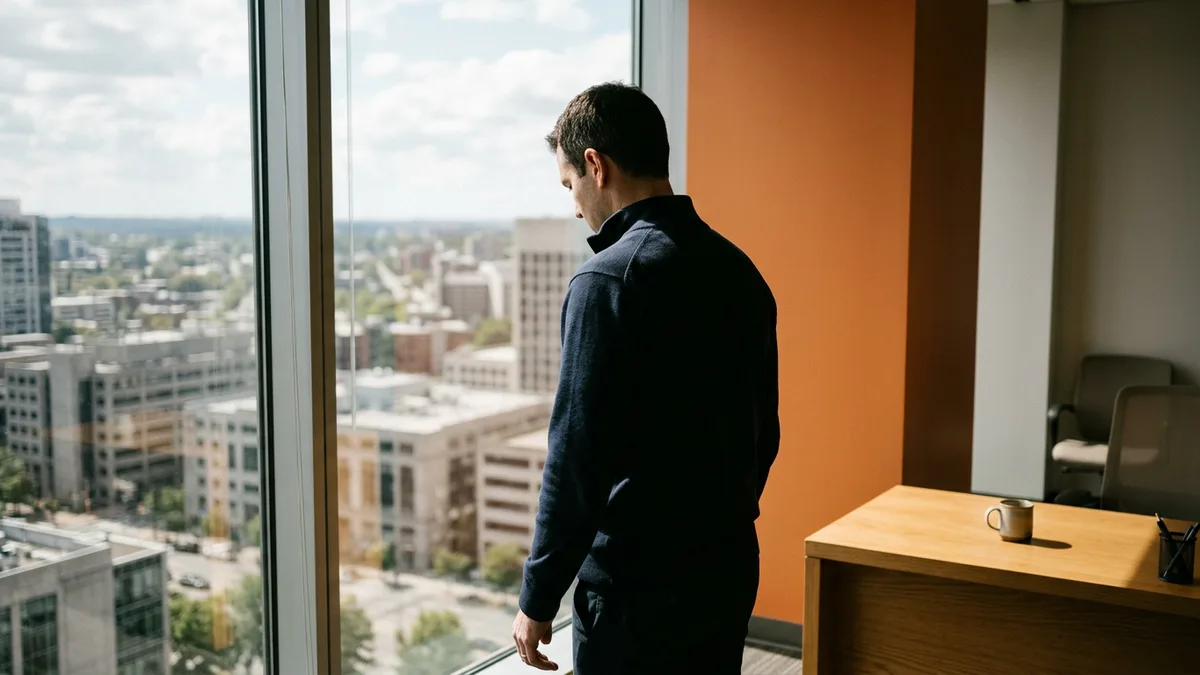 IT director standing at an office window beside an orange accent wall, weighing hourly rates for a contract IT consultant