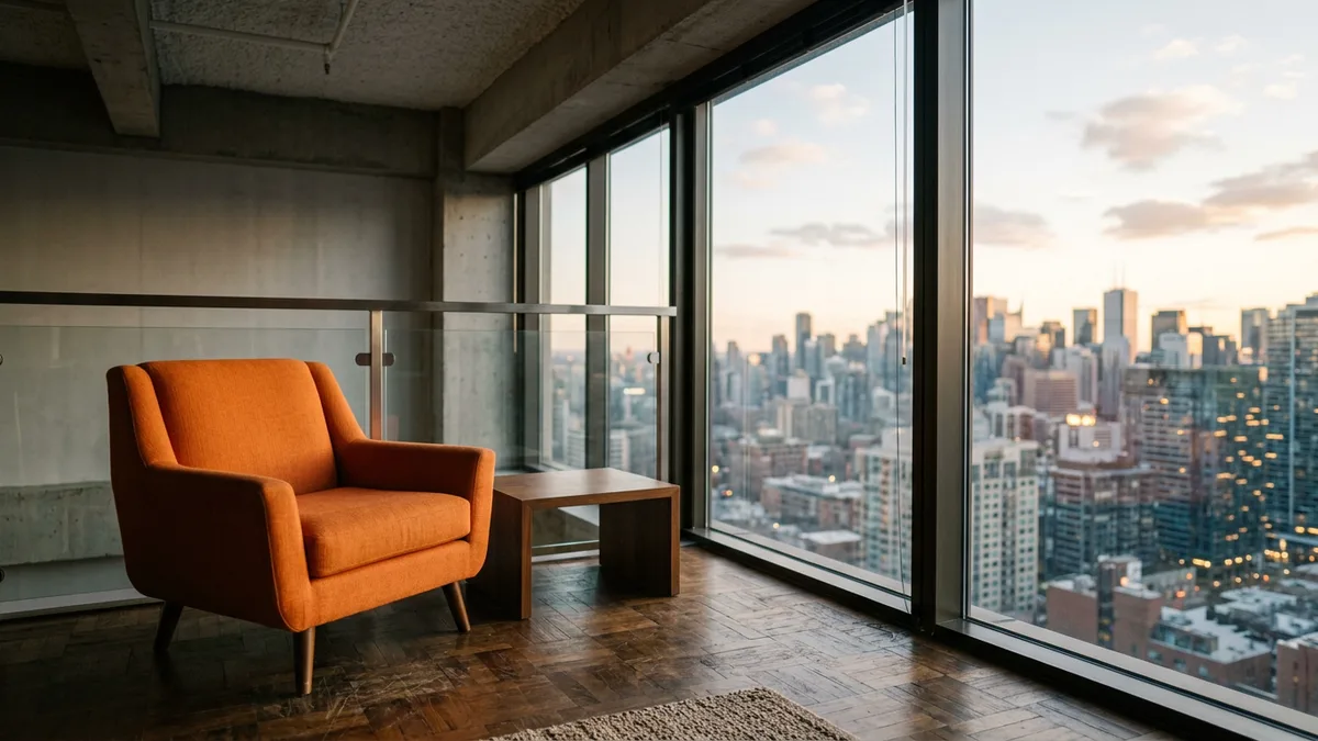 Empty office lounge with an orange armchair overlooking a downtown skyline, a reminder that IT consulting rates vary by metro