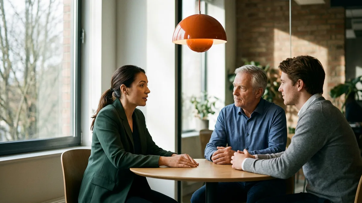 Three colleagues under an orange pendant lamp deciding between an hourly contract consultant and a consulting firm engagement