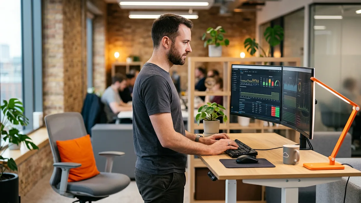 DevOps engineer working at a standing desk with cloud infrastructure dashboards on a monitor, orange desk lamp accent