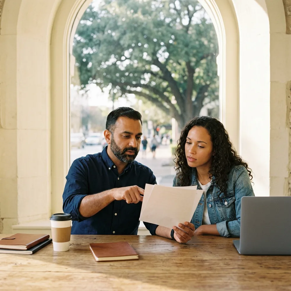 Payroll manager in a navy shirt points at a blank printed page while an IT manager in a faded denim jacket leans in to read, at a pecan-wood table in a limestone office on Congress Avenue in downtown Austin