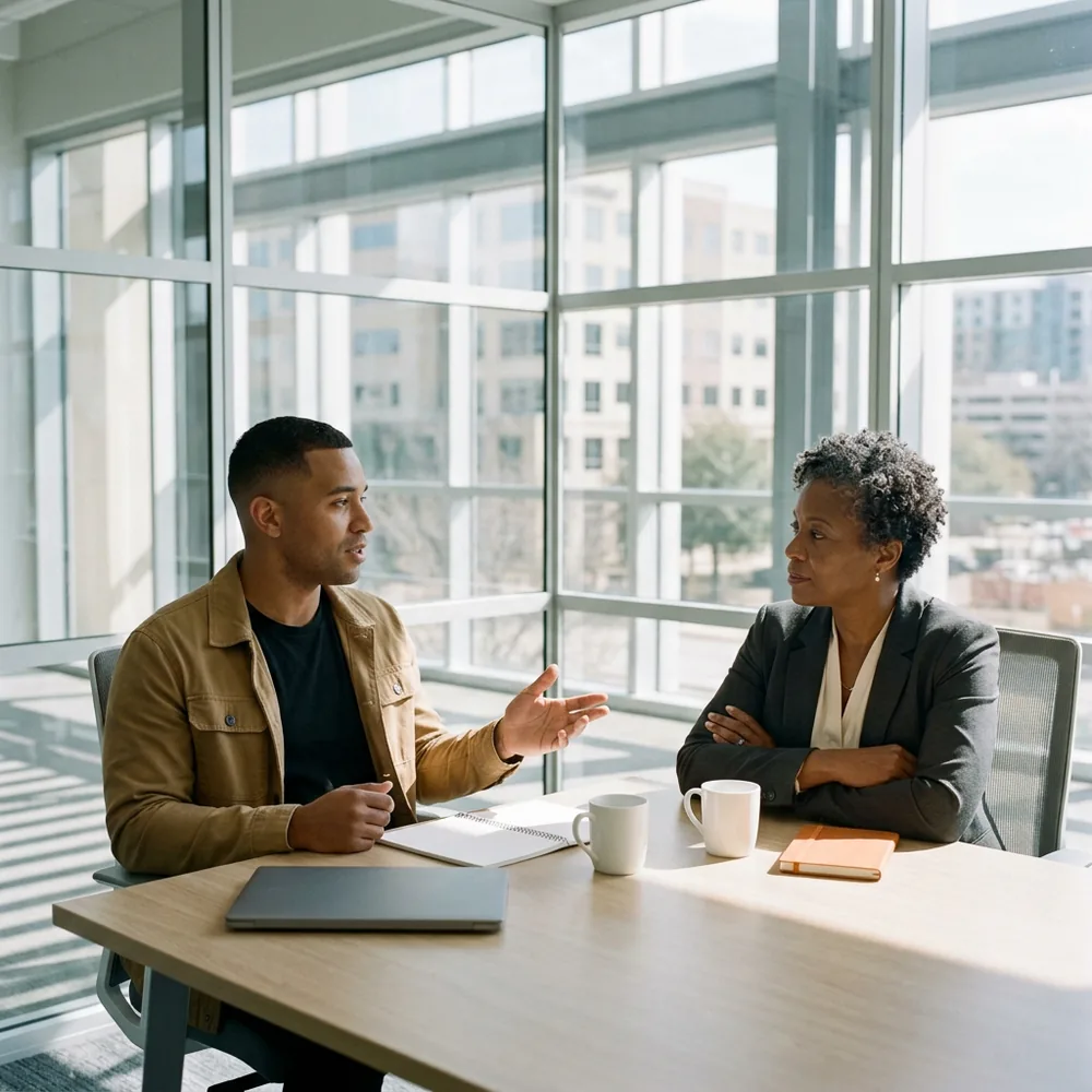 Contract software engineer in a black t-shirt and tan canvas jacket explains a point to his engineering manager in a charcoal blazer across an ash table in a glass meeting room in The Domain, Austin