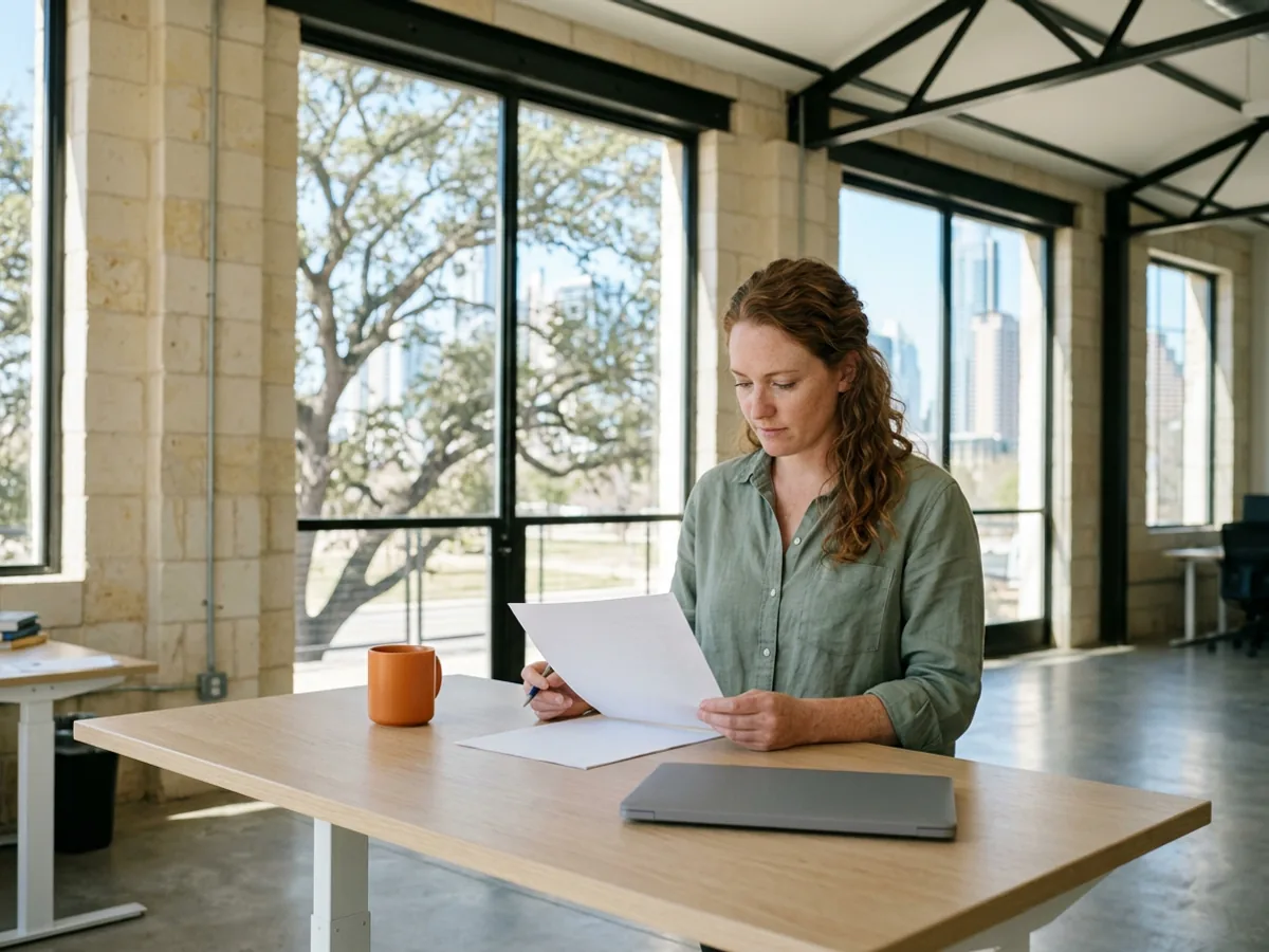 IT director in a sage-green linen shirt reads a blank page at a pale oak standing desk in an East Austin limestone loft office, orange mug beside her laptop, live oak and downtown towers through the windows