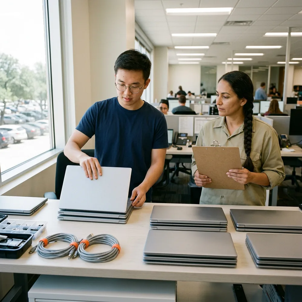 Contract help desk technician in a navy t-shirt stacks closed laptops on an ash build bench while the desktop support lead in a khaki work shirt holds a clipboard, in an office bay in Round Rock