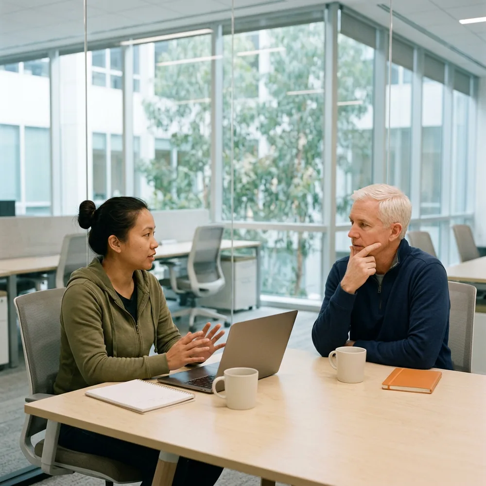 Contract software engineer in an olive hoodie talks with her white-haired hiring manager across a pale birch table in a glass-walled Mountain View meeting room, eucalyptus trees outside